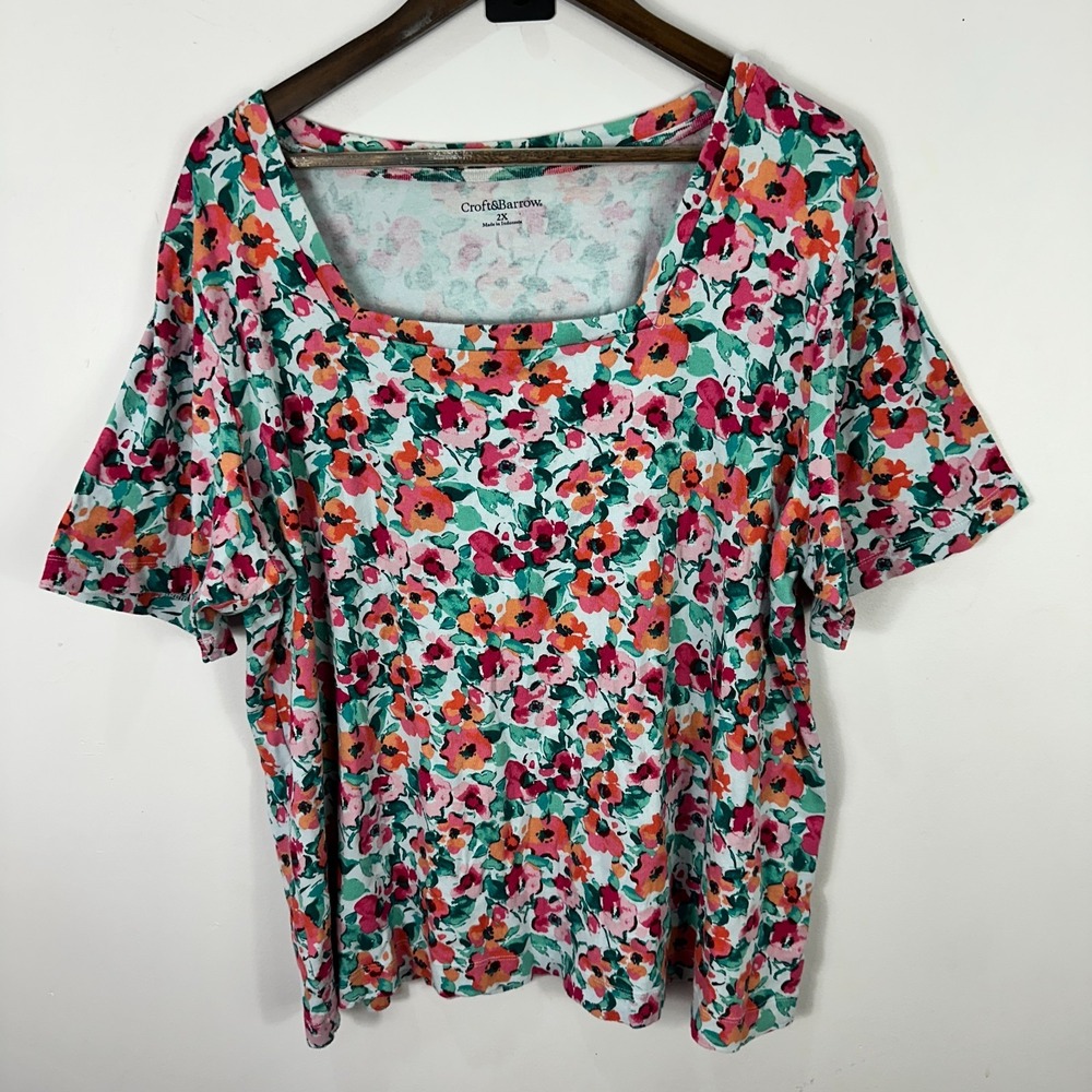 Croft & Barrow Floral Top Womens Plus 2X Short Flutter Sleeve Cotton Feminine‎